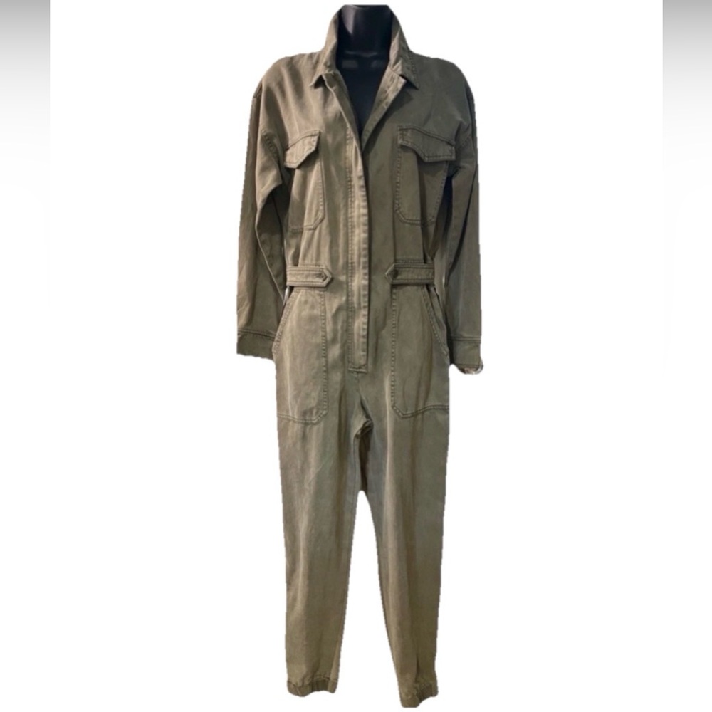 YFB Women's Olive Green Zip Front Utility Jumpsuit Striped Side Pockets $259 M